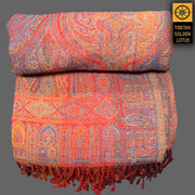 Hand loomed Multi color Boiled Wool Blanket Reversible - Tibetan golden lotus