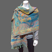 wool wrap scarf, paisley green - Tibetan golden lotus