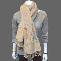 Light Brown Embroidered scarf shawl Fringed - Tibetan golden lotus