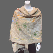 Light Brown Embroidered scarf shawl Fringed - Tibetan golden lotus