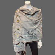 Light grey Embroidered wrap Scarf, Wedding Shawl - Tibetan golden lotus