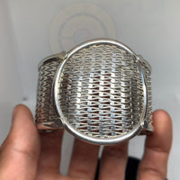 Handmade Wide Braided Sterling Silver Cuff Bracelet - Tibetan golden lotus