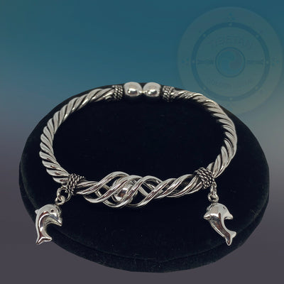 Sterling Silver Dolphin Charm Open Bracelet - Tibetan golden lotus