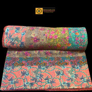 Multi-color Vintage Handmade Quilt, thick beautiful bed cover - Tibetan golden lotus