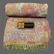 Boiled Wool Blanket, Jamawar Wool Throw - Tibetan golden lotus