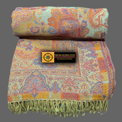 Boiled Wool Blanket, Jamawar Wool Throw - Tibetan golden lotus