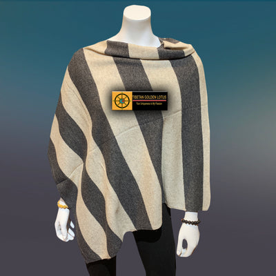 Charcoal and Fossil striped Boat Neck Cashmere Poncho - Tibetan golden lotus
